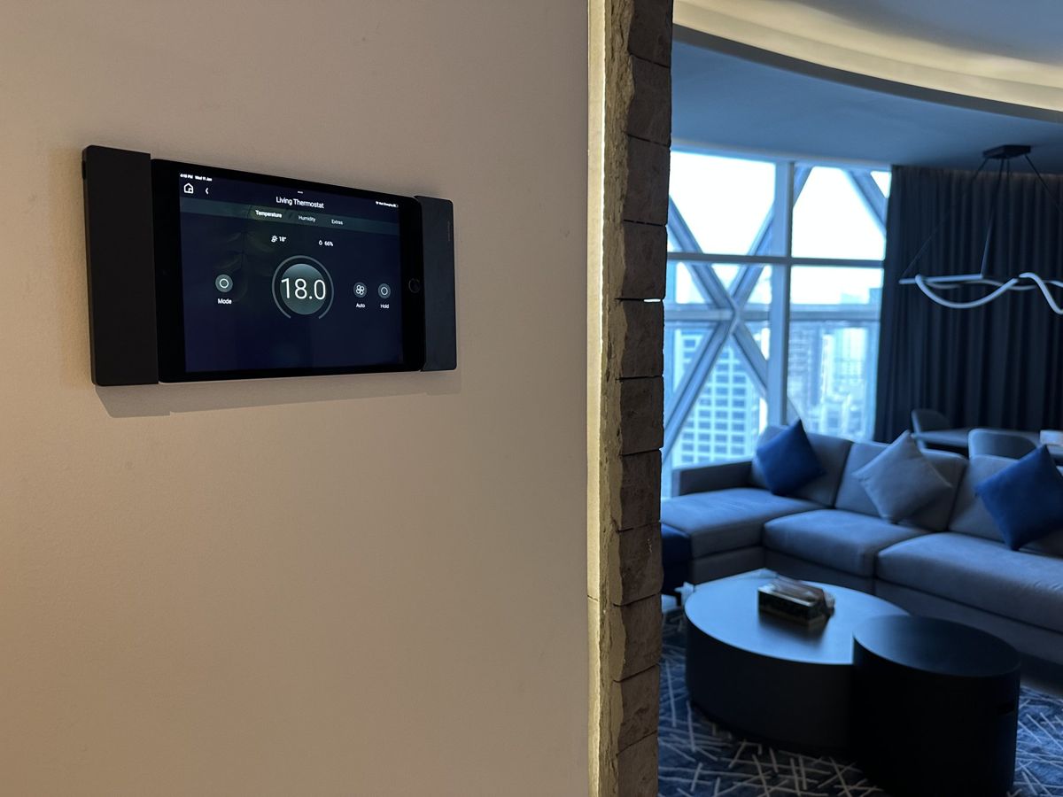 Control panel against the Lusail skyline